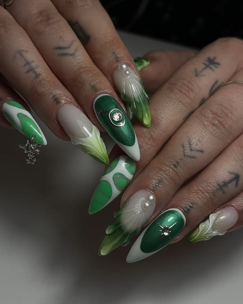 nail art vert, ongles verts foncés, ongles vert citron