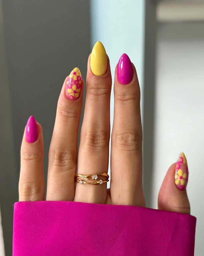 ongles rose et jaune, idées d’ongles printaniers, ongles stiletto