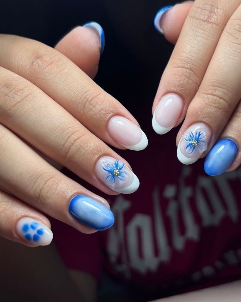 pointe blanche bleue, nail art fleur 3D