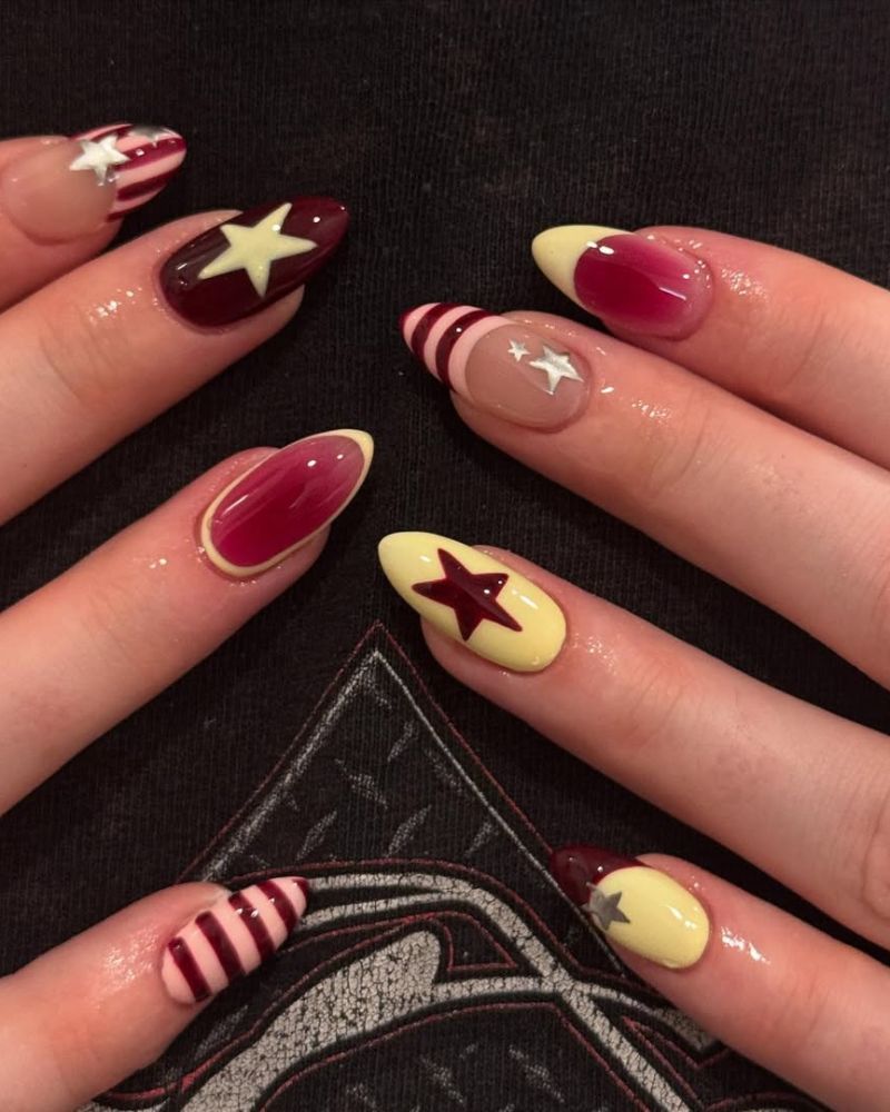 ongles jaune et bordeaux, manucure amusante d’automne