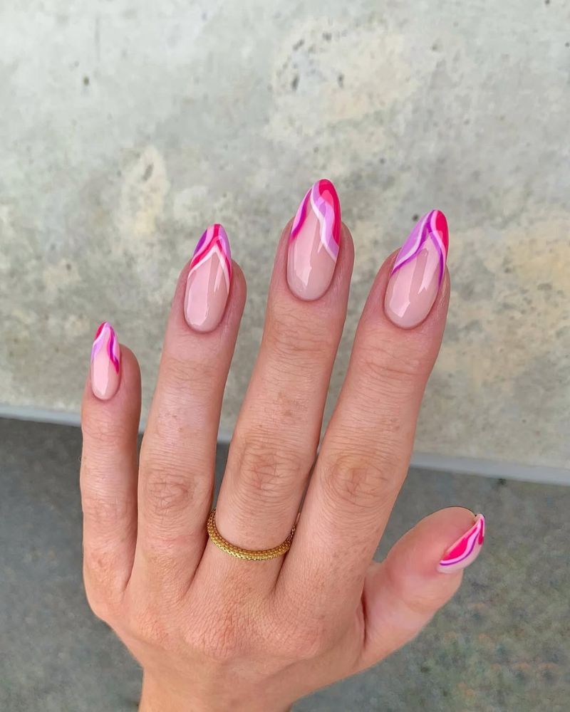 ongles violets, roses, french, nail art