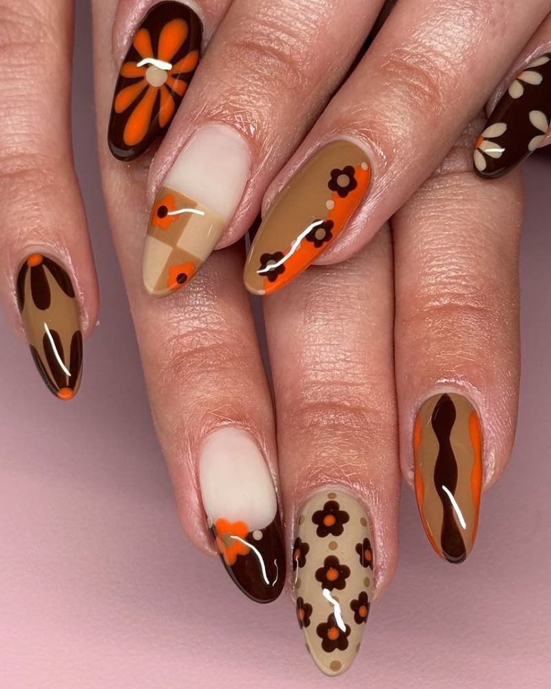 design rétro automne en tons marron avec nail art floral