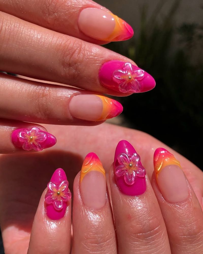 pink and orange nails, colorful french, cherry blossom nail art