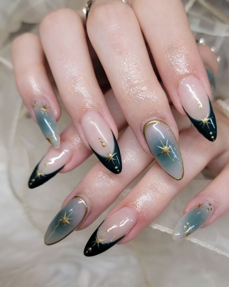 ongles vert foncé, manucure française