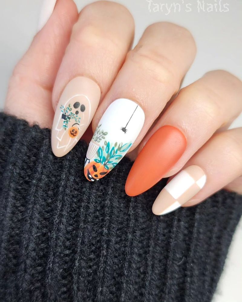 ongles d’automne avec nail art Halloween et finition mate