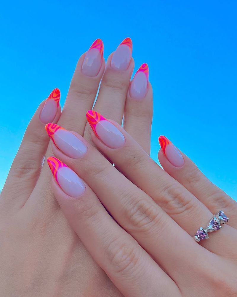 colorful french tips, pink tips, orange tips