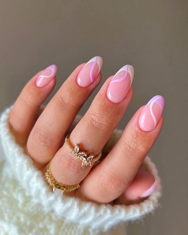 ongles french tip colorés, nail art tourbillonnant, ongles printaniers