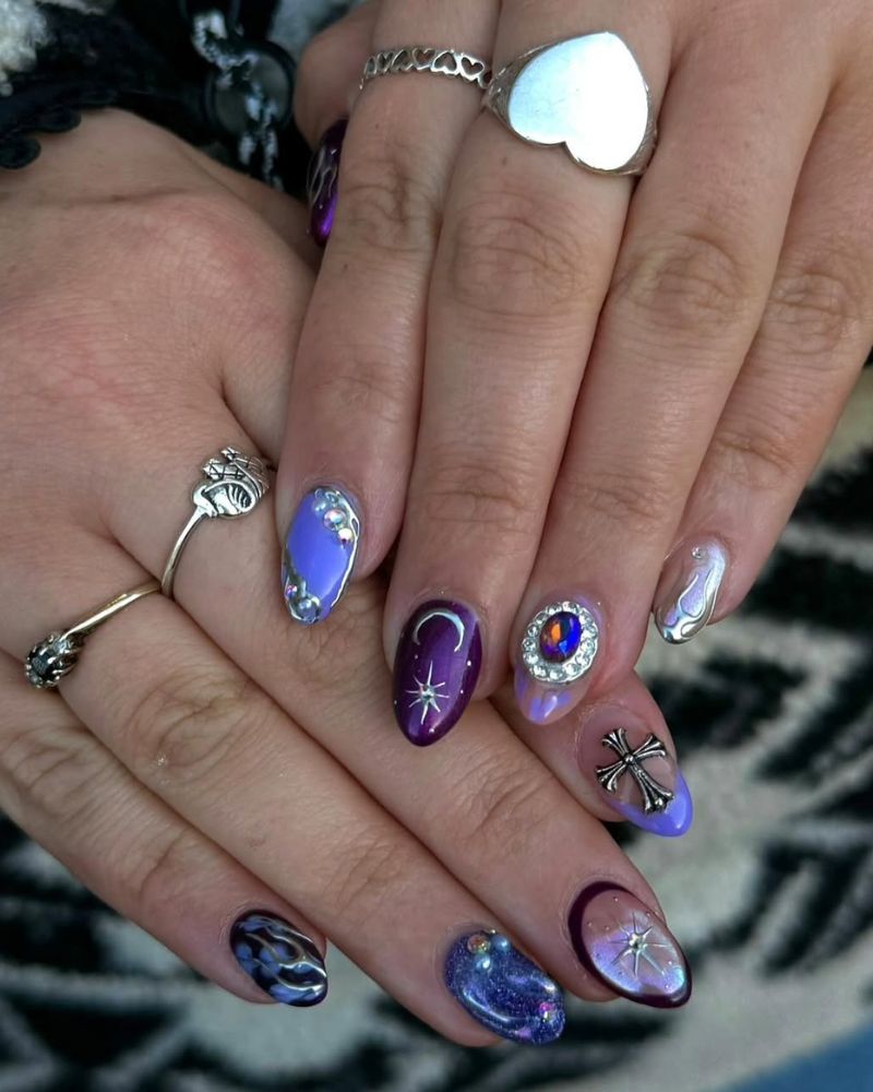 nail art violet, ongles mystiques, ongles sorcière