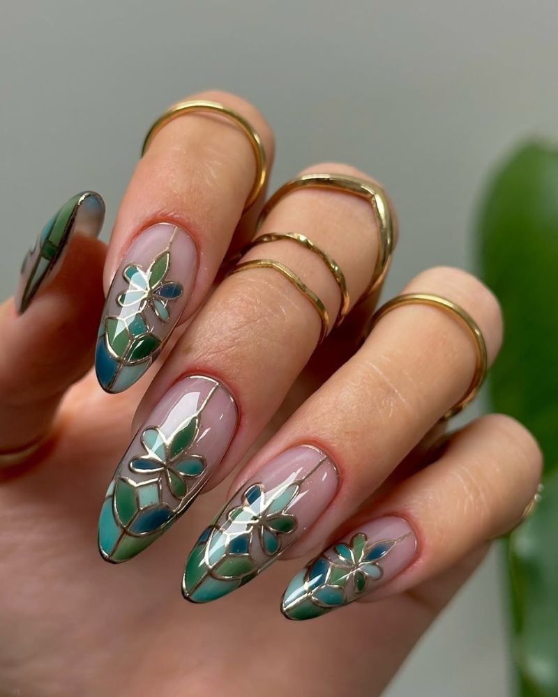 nail art vert, ongles longs amande