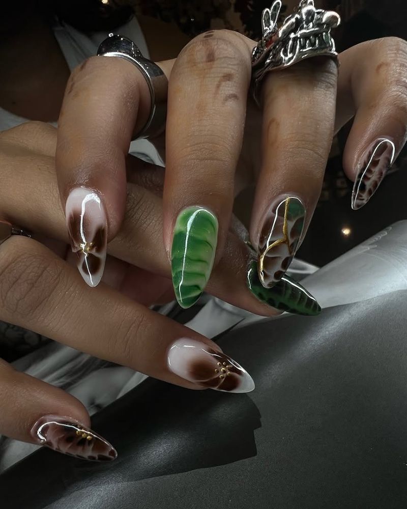 ongles marron et verts, ongles élégants