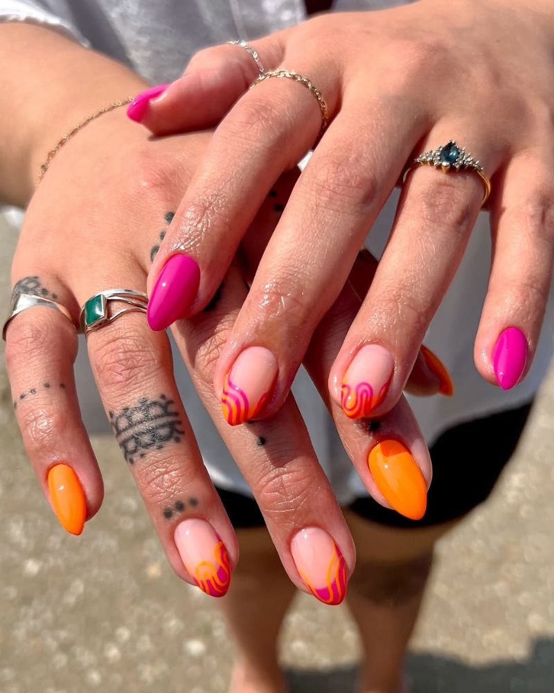 ongles rose et orange d'été, ongles chic d'été