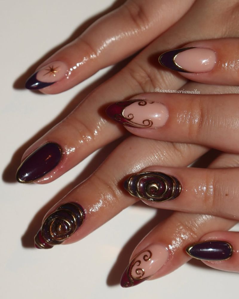 ongles élégants d’automne avec base marron et nail art doré