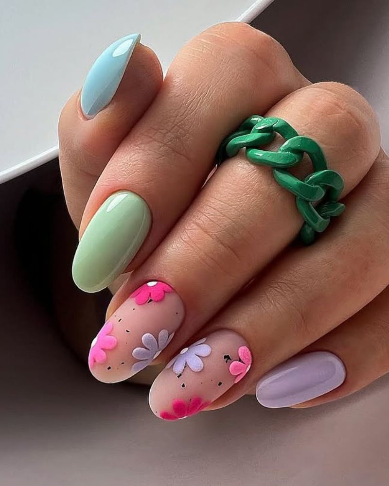ongles pastels, nail art fleur 3D