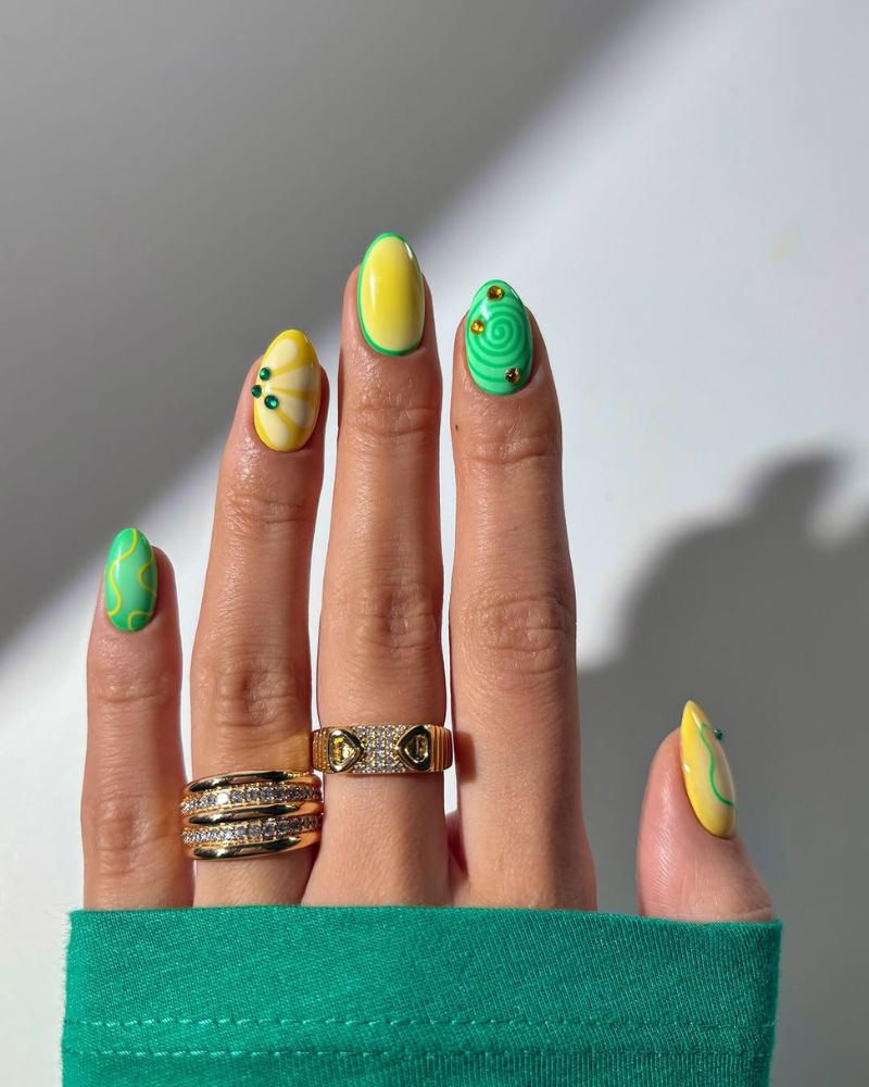 ongles jaunes, ongles verts, inspiration ongles été