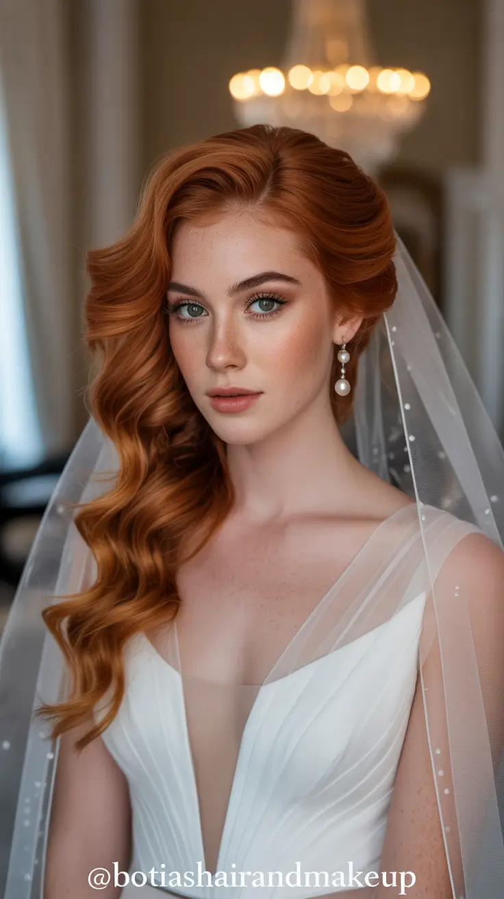 Meilleures coiffures mariage 2026 Ondulations Rouges Balayées avec Voile