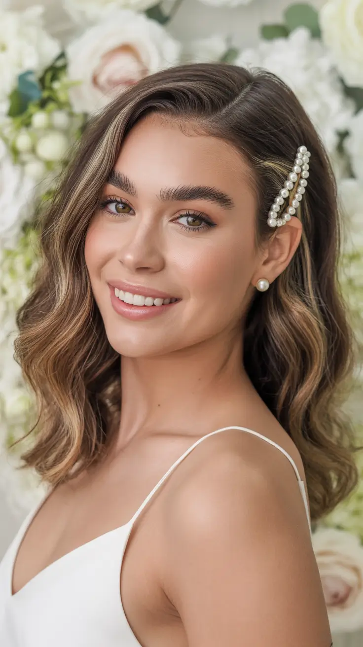 Meilleures coiffures mariage 2026 Mi-Attaché avec Barrette Perles