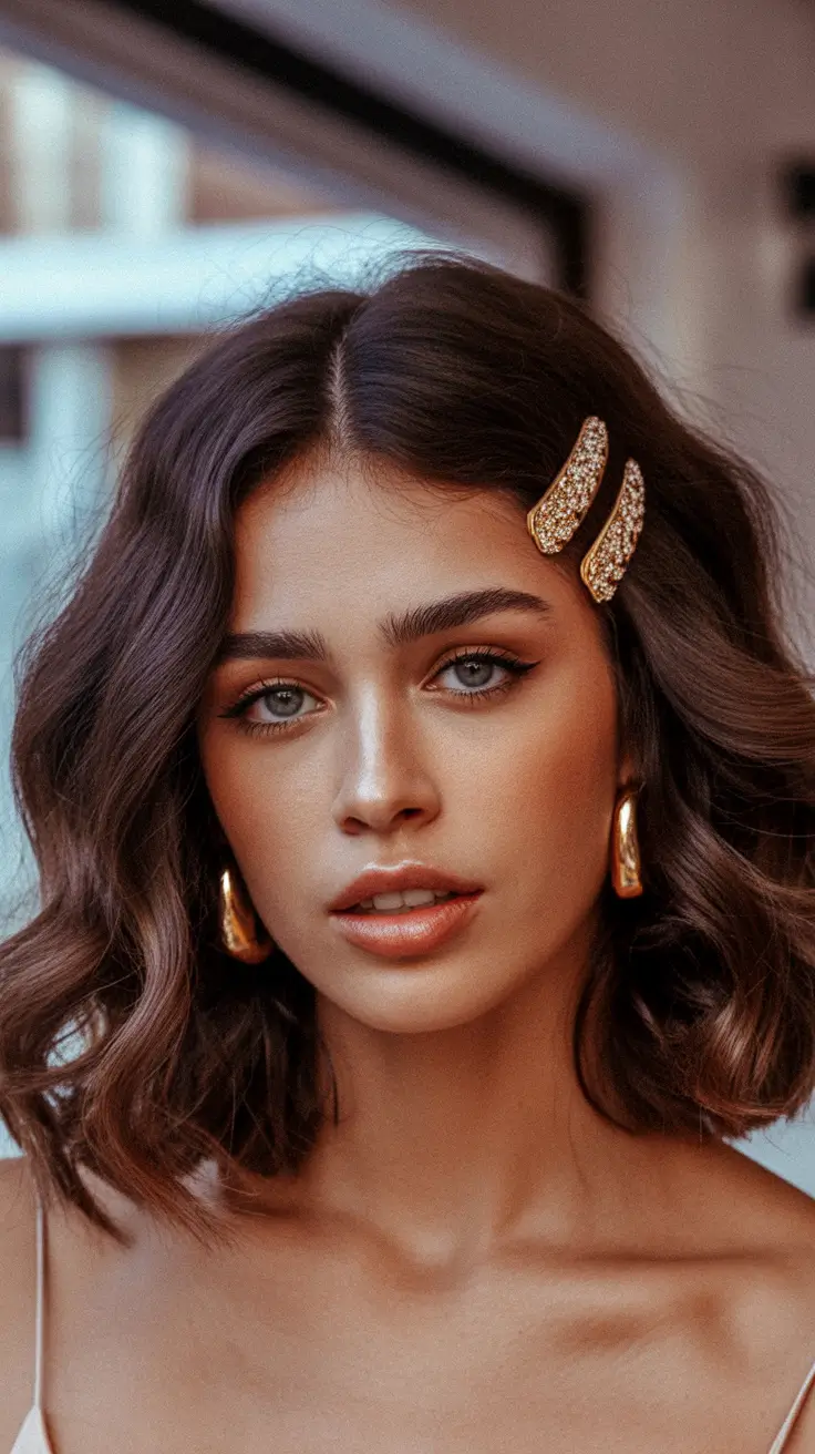 Coiffures de fête de Noël 2025 Bob doux avec pinces dorées