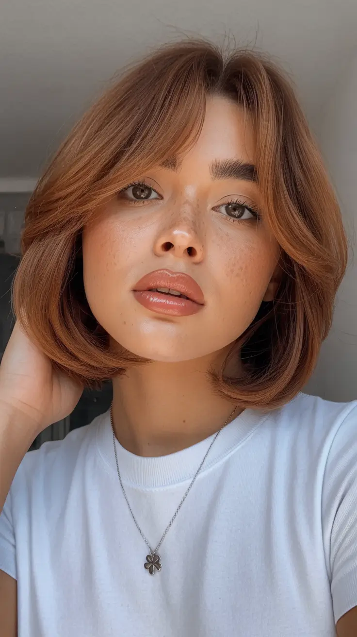 Inspiration coiffure 2026 Bob cannelle chaud avec frange rideau