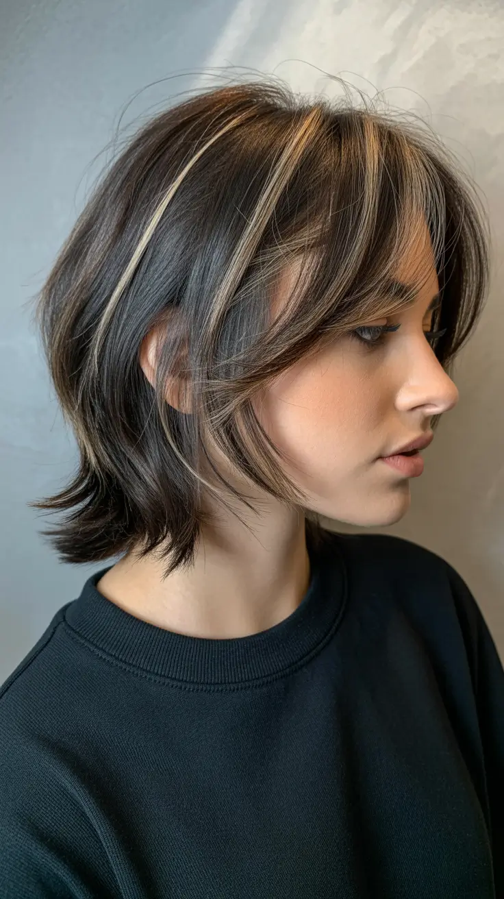 Inspiration coiffure 2026 Bob brun déstructuré avec mèches