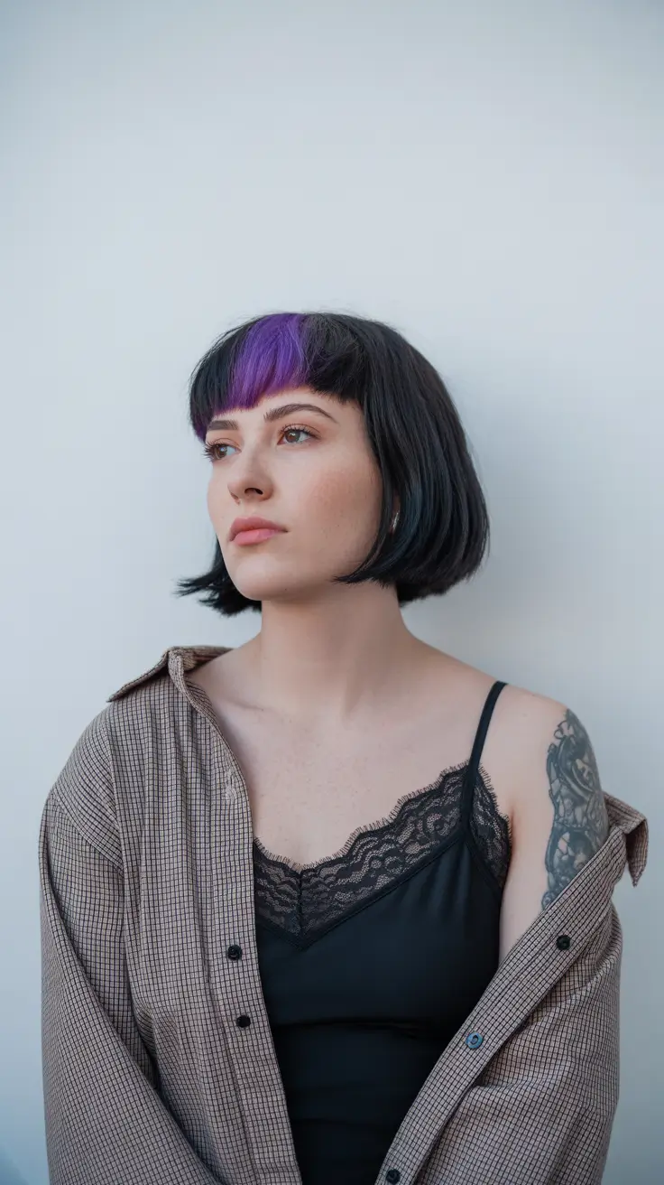 Inspiration coiffure 2026 Bob audacieux avec frange violette