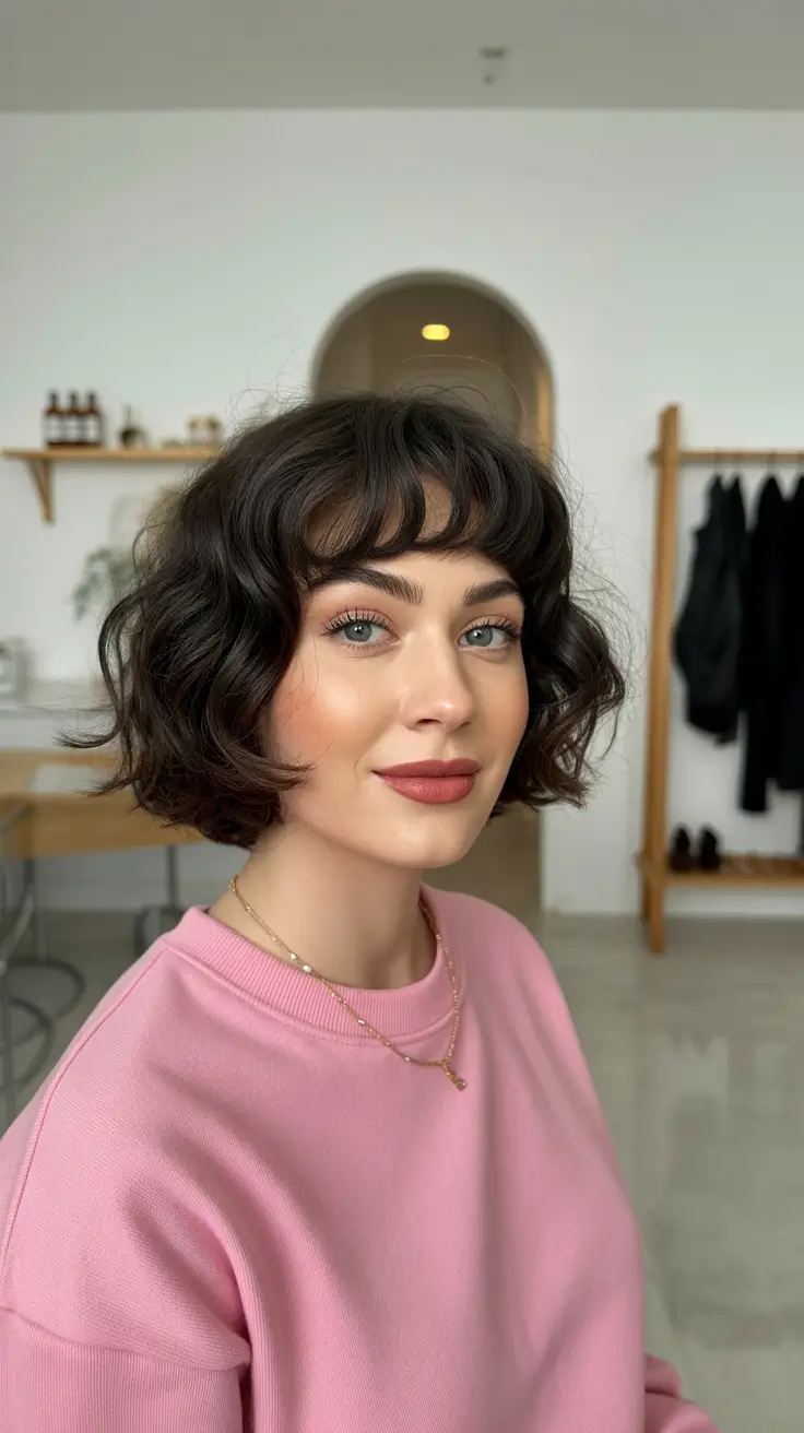 Inspiration coiffure 2026 Bob bouclé ludique avec frange courte