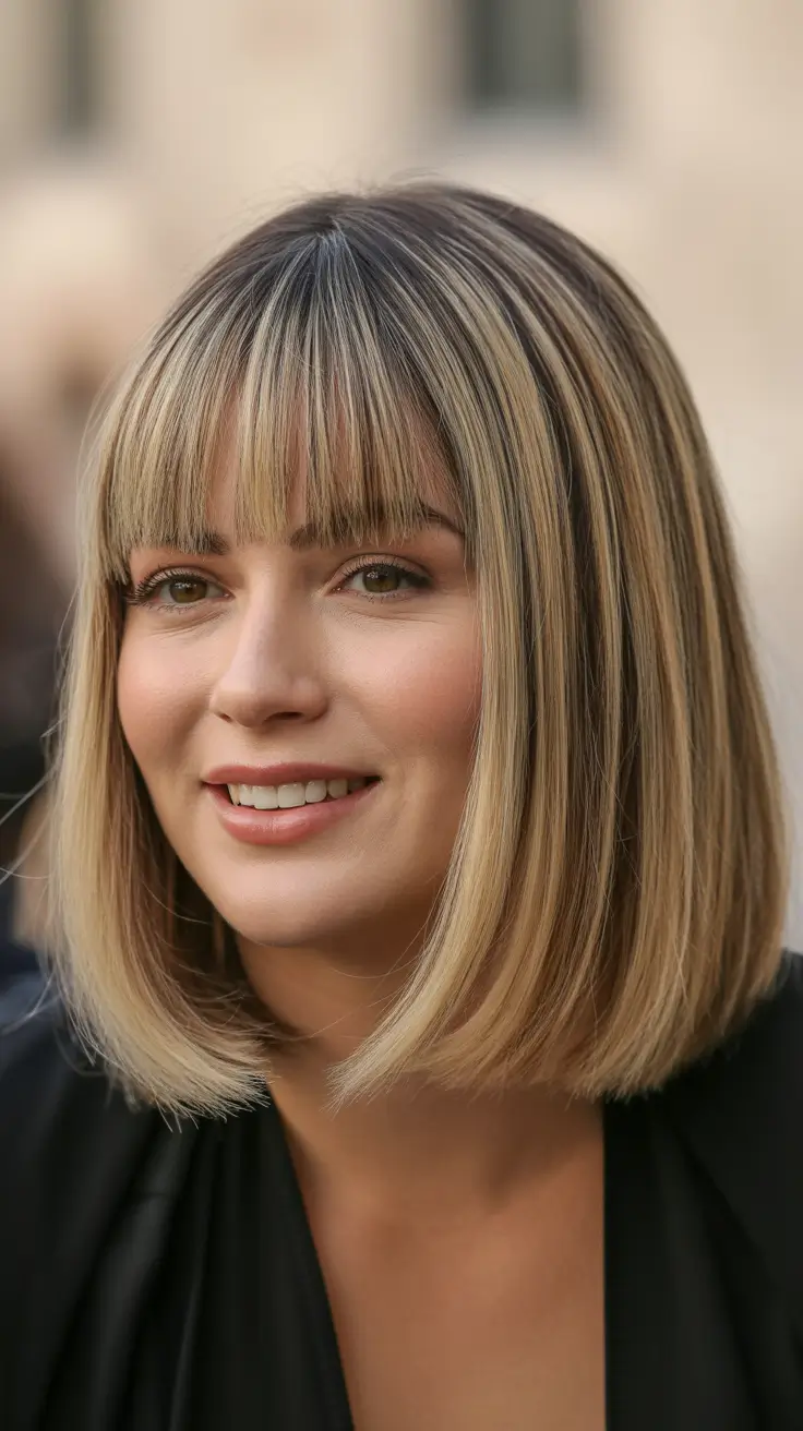 Idées de Coupes Modernes Visage Rond 2026 Bob Blonde Miel avec Frange Droite