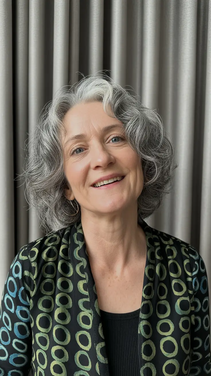 Coiffures modernes femmes plus de 60 ans 2026 Couches argentées douces avec volume naturel