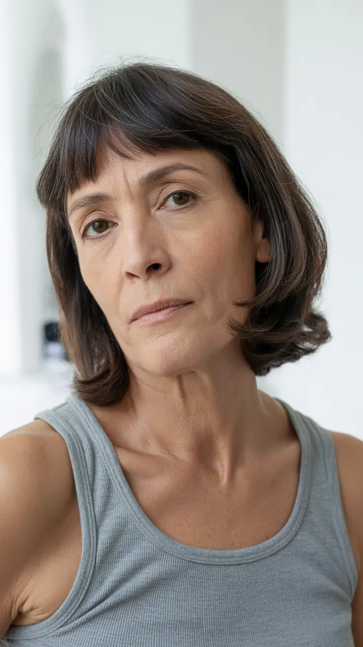 Coiffures modernes femmes plus de 60 ans 2026 Bob mi-long brun naturel avec frange rideau