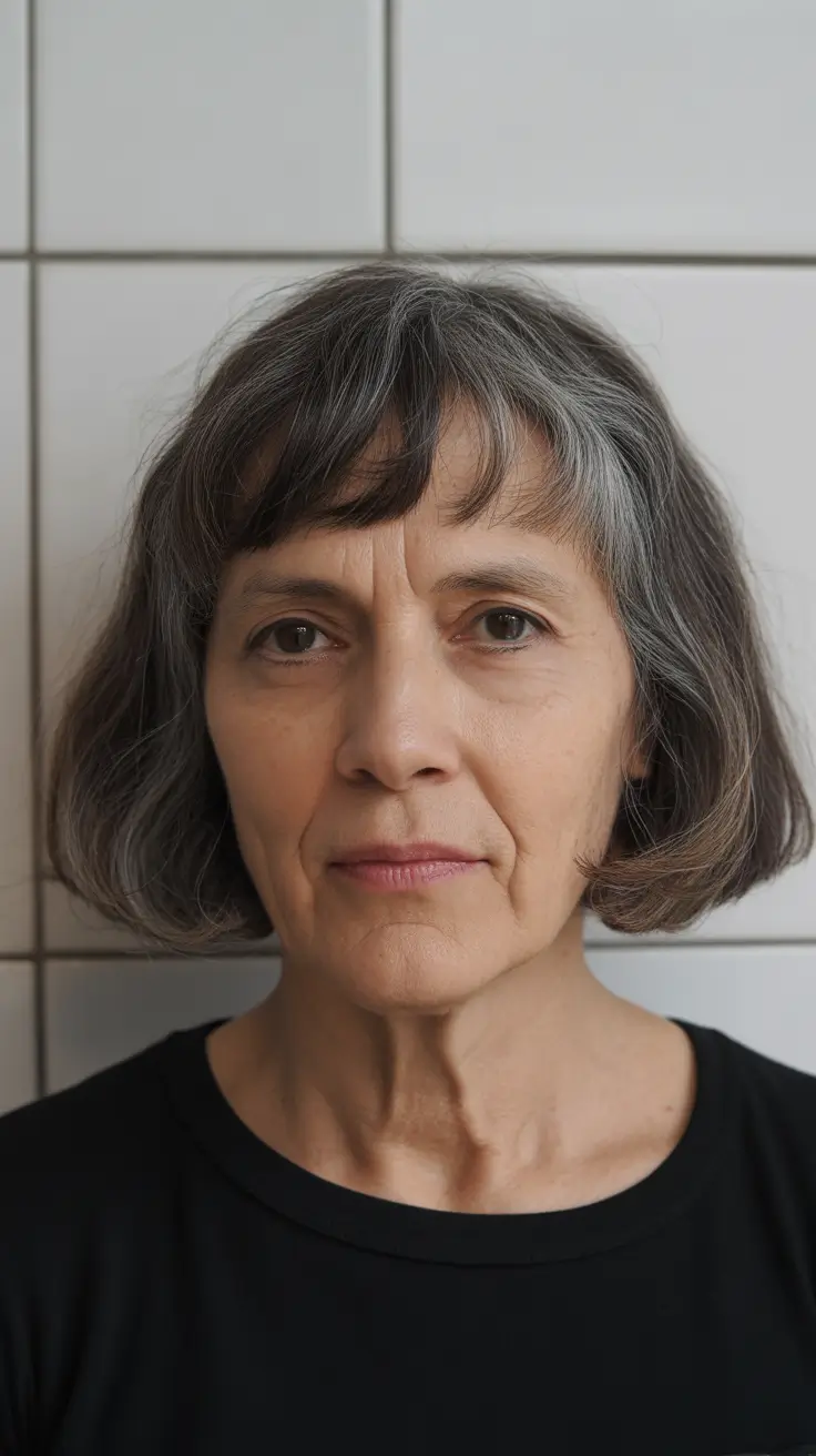 Coiffures modernes femmes plus de 60 ans 2026 Bob classique avec frange subtile et gris naturel