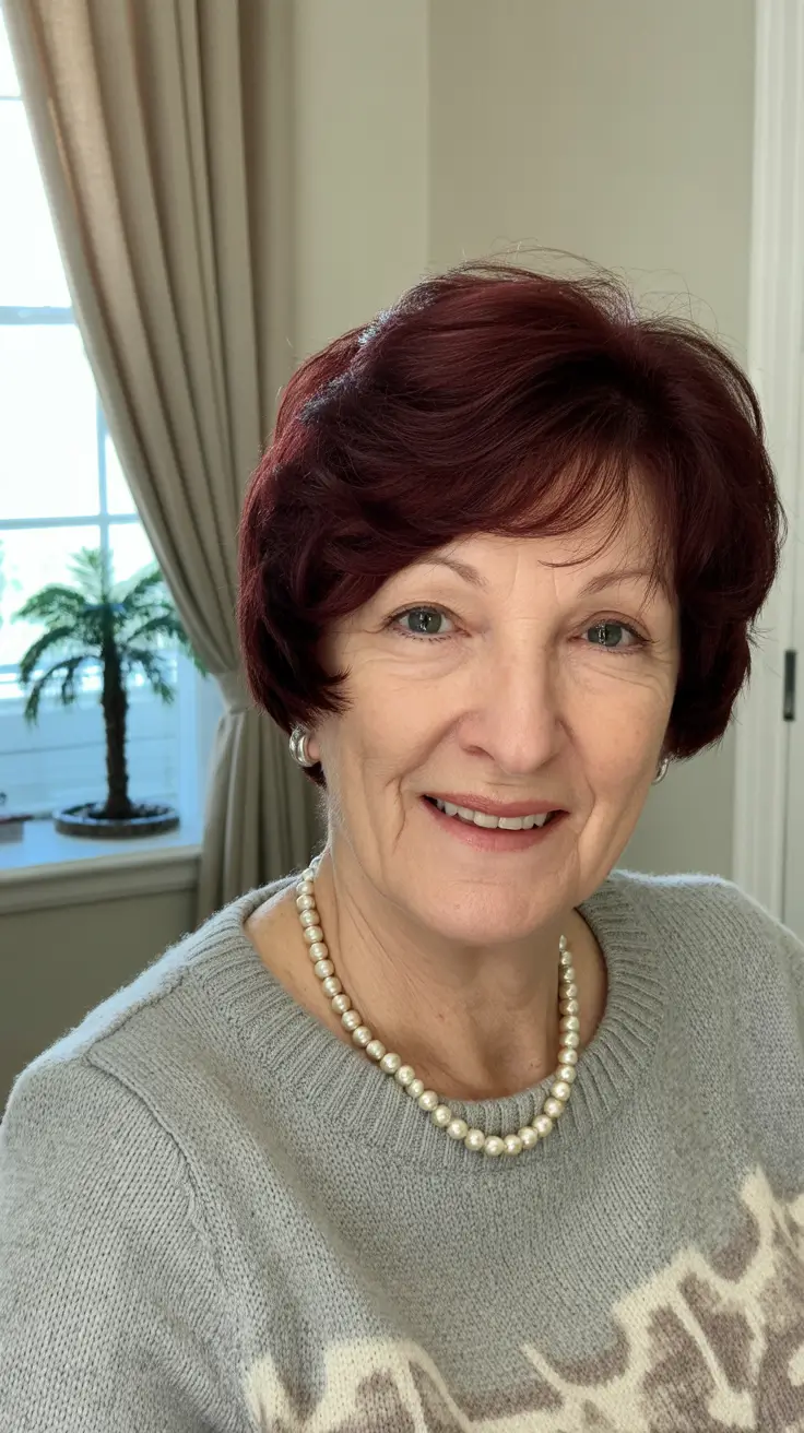 Coiffures modernes femmes plus de 60 ans 2026 Bob court dégradé bordeaux élégant