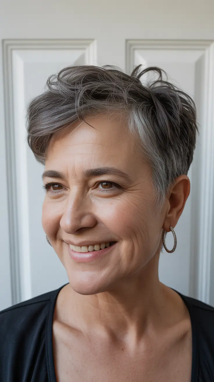 Coiffures modernes femmes plus de 60 ans 2026 Pixie texturé moderne avec mélange argenté