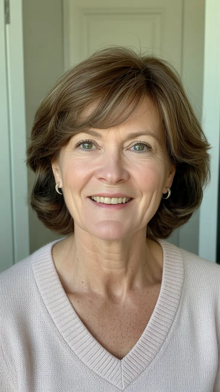 Coiffures modernes femmes plus de 60 ans 2026 Bob mi-long doux dégradé pour cheveux fins