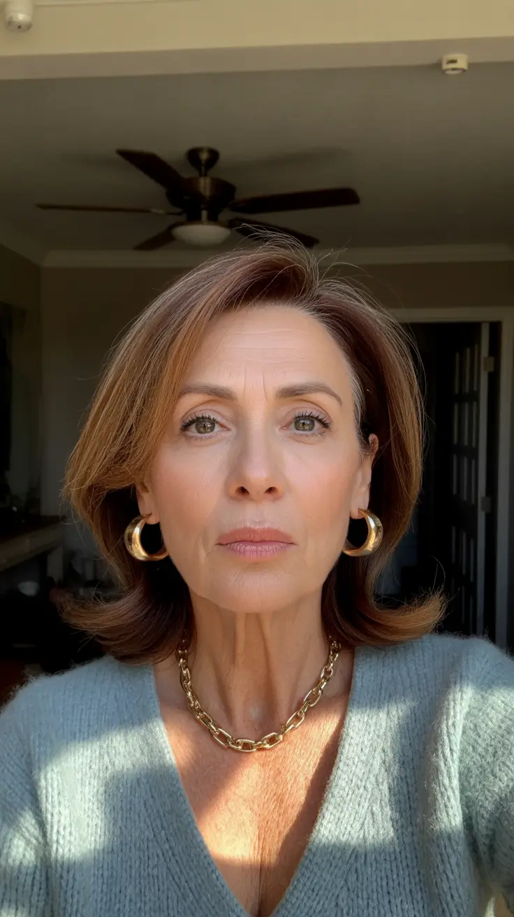 Coiffures modernes femmes plus de 60 ans 2026 Brushing mi-long classique avec éclat brun chaud