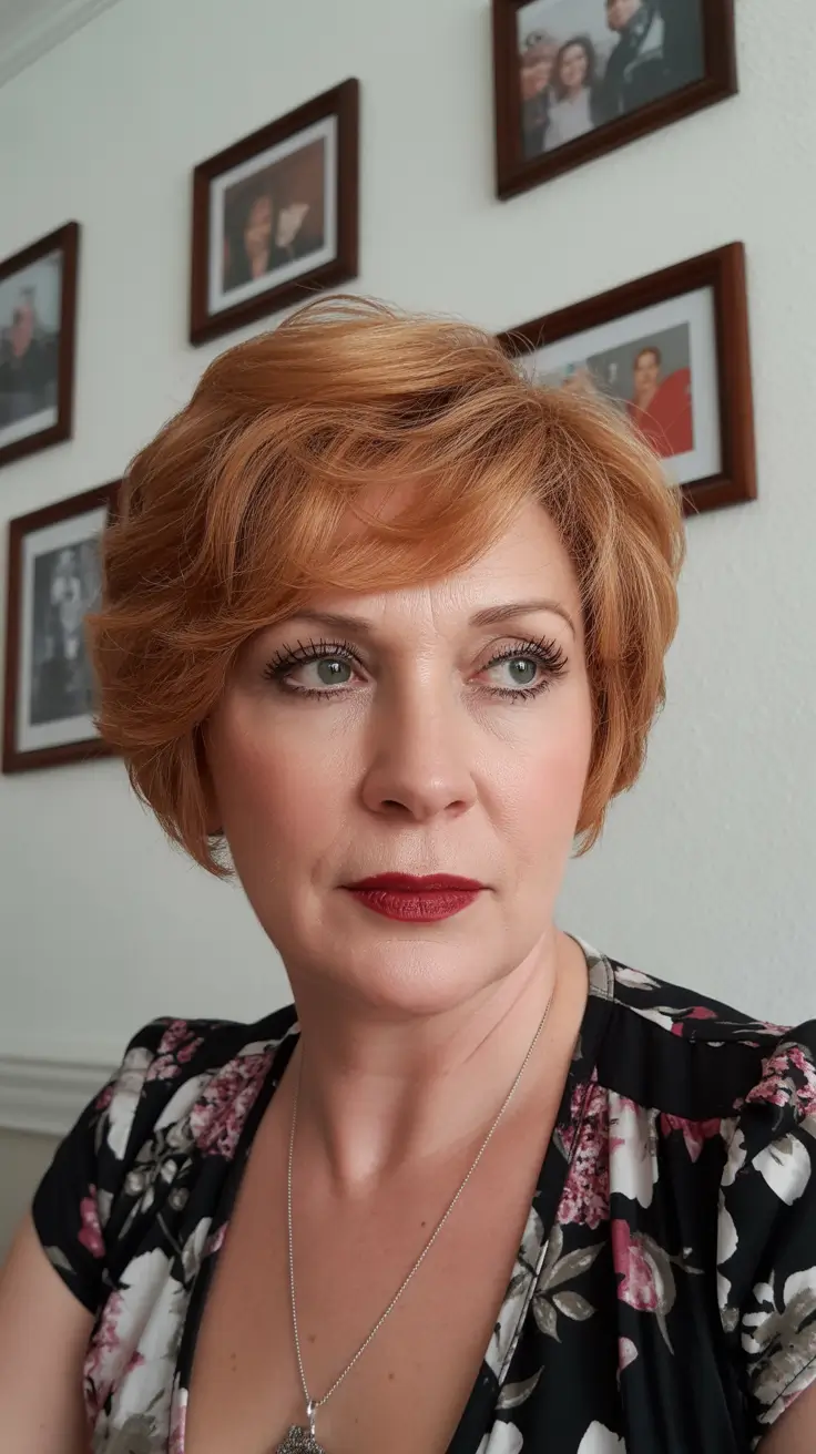 Coiffures modernes femmes plus de 60 ans 2026 Bob court cuivré chaud avec touche moderne