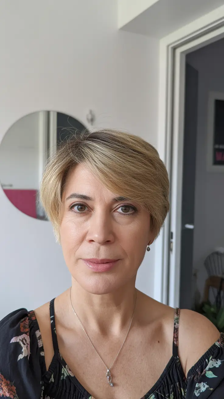 Coiffures modernes femmes plus de 60 ans 2026 Bixie doux dégradé aux tons dorés