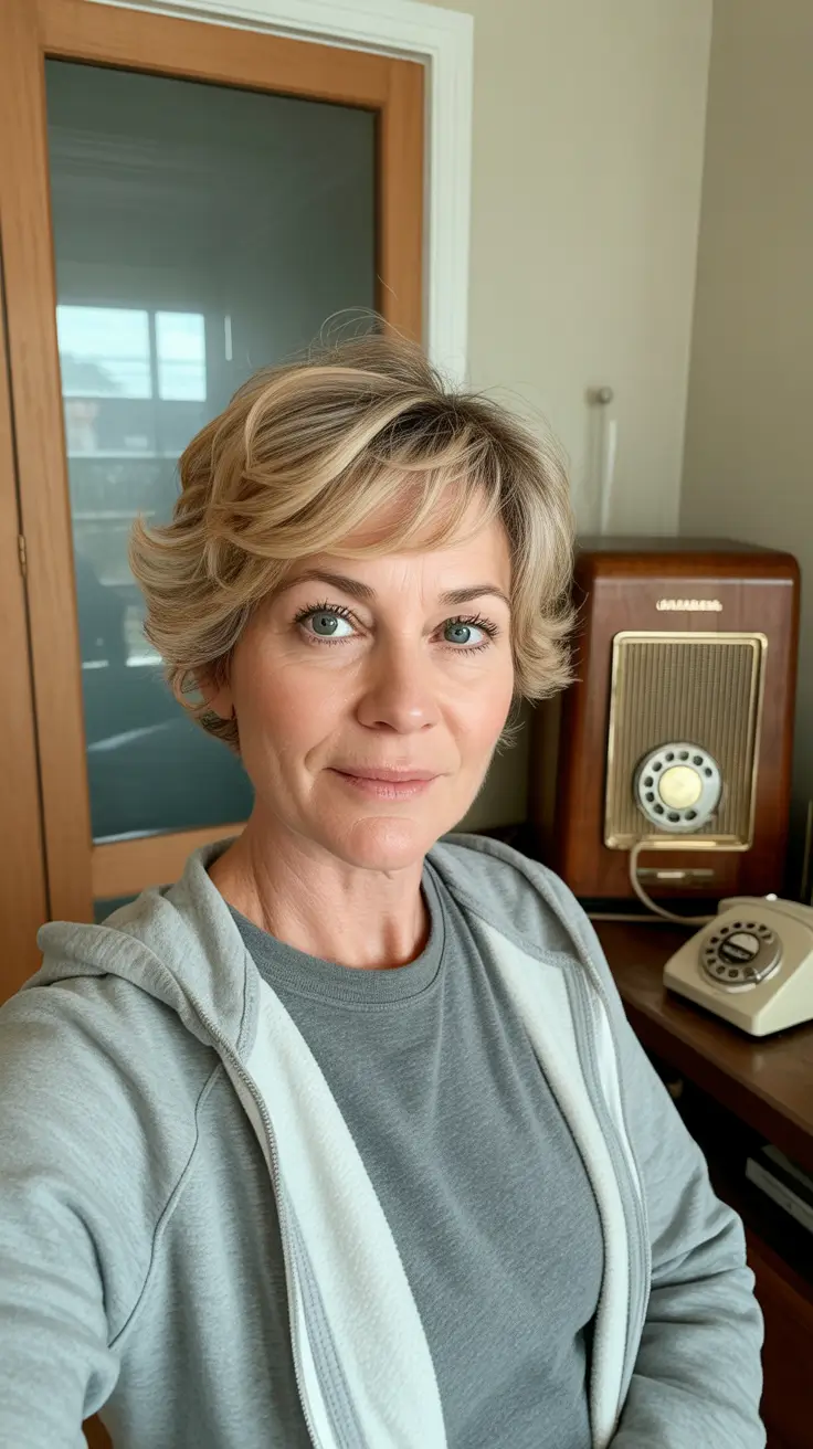 Coiffures modernes femmes plus de 60 ans 2026 Shag court dégradé avec texture blonde miel