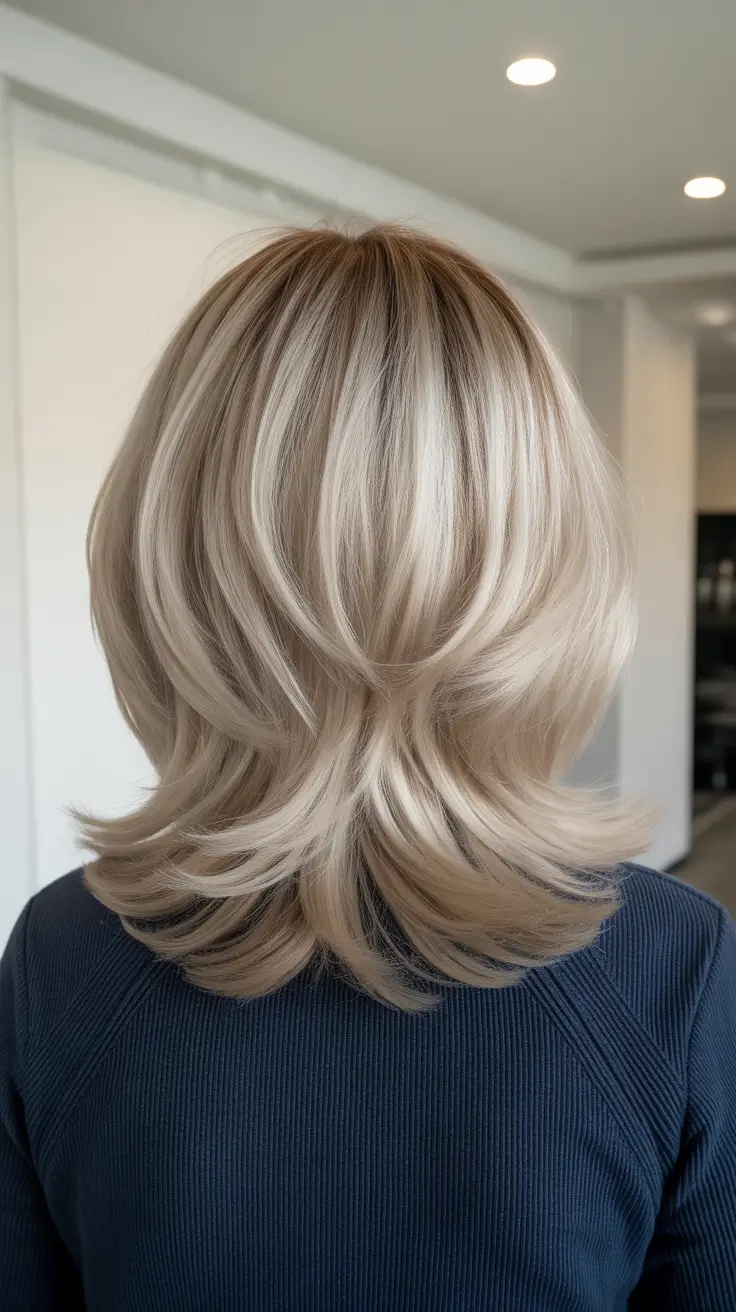 Nouvelles idées coiffure 2026 Coupe dégradée en plumes avec tons blonds froids