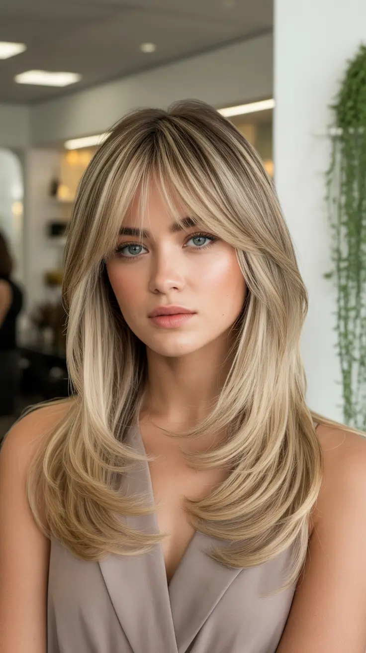 Nouvelles idées coiffure 2026 Couches blond beurre avec frange rideau