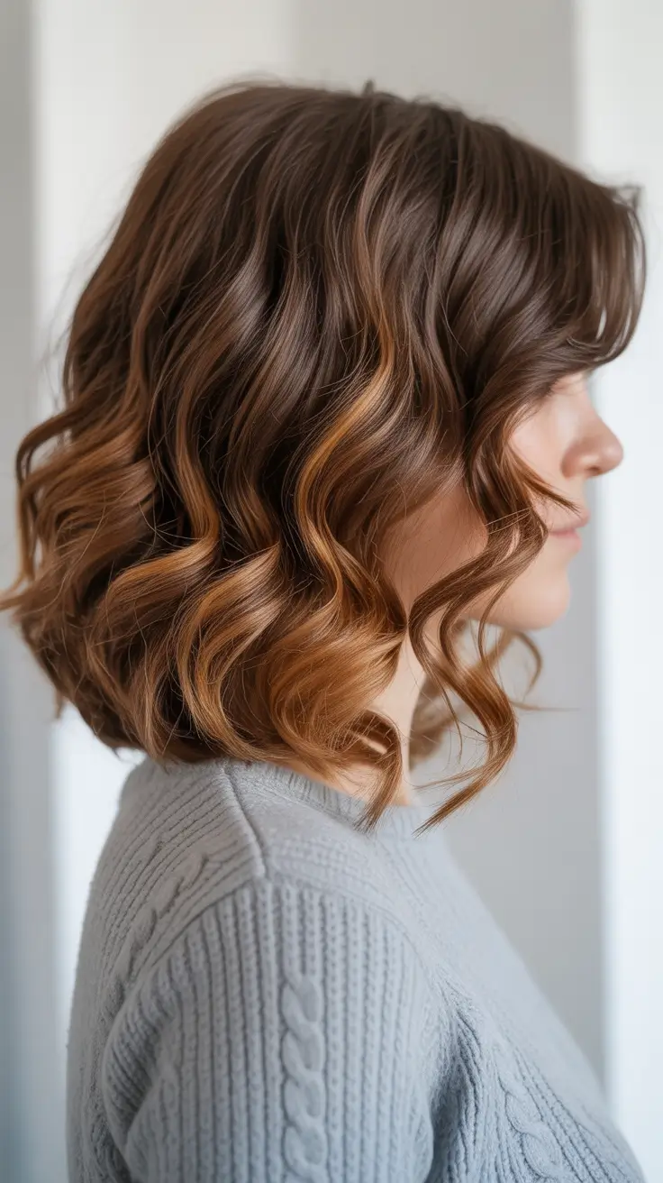 Nouvelles idées coiffure 2026 Bob ondulé aux tons chauds