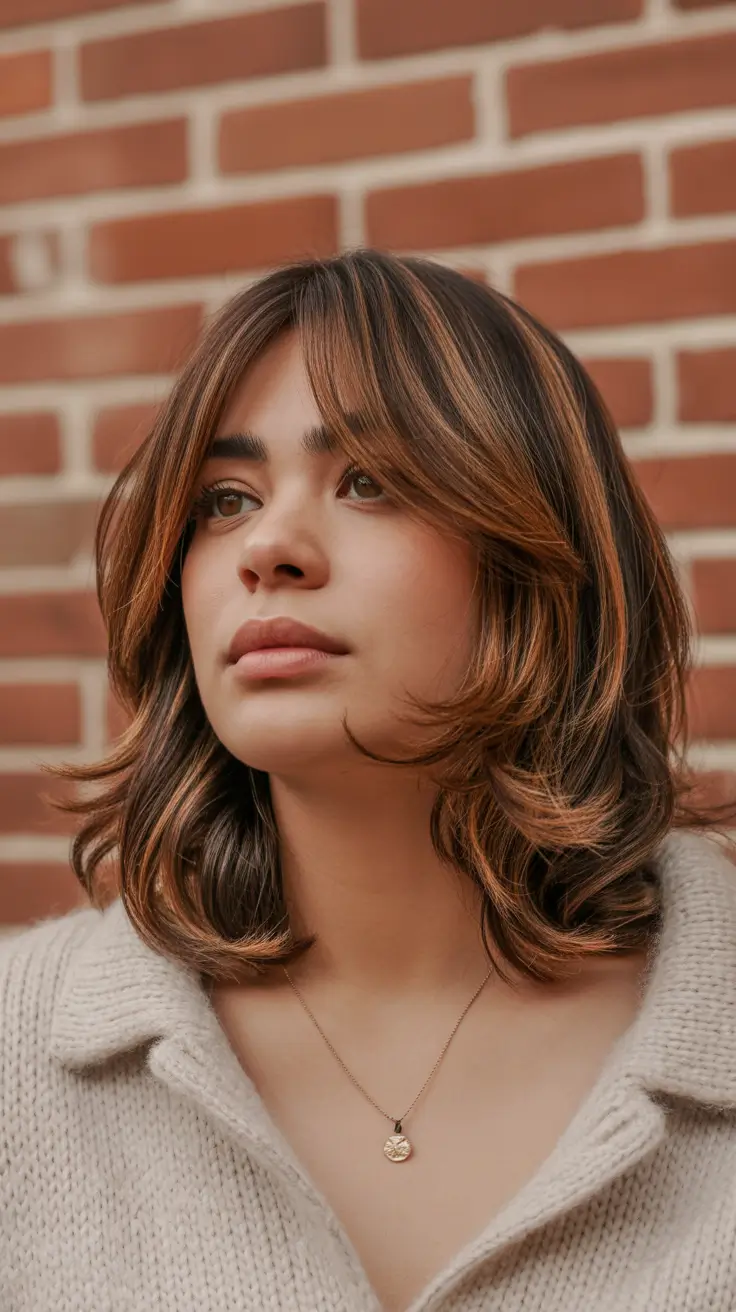 Nouvelles idées coiffure 2026 Coupe mi-longue dégradée avec frange rideau