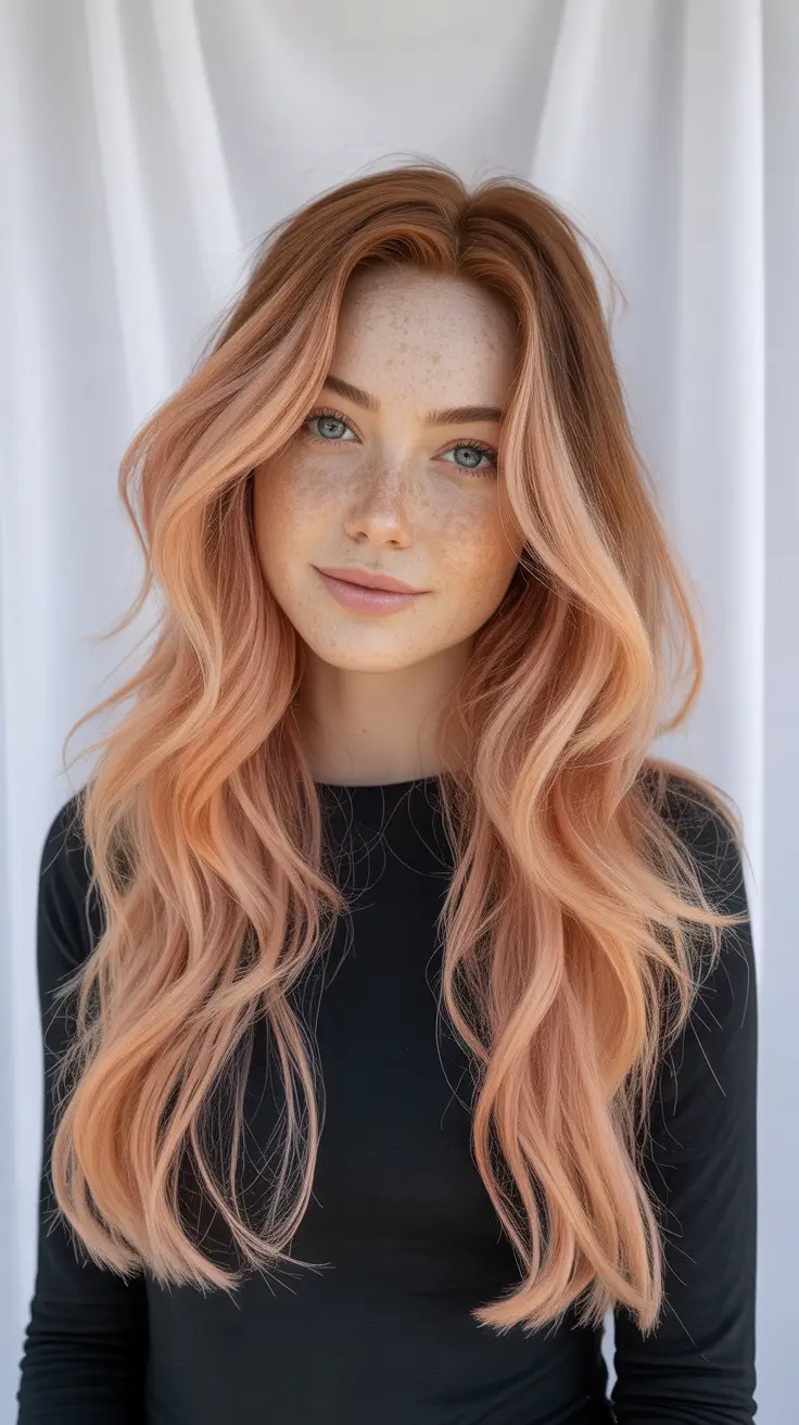Nouvelles idées coiffure 2026 Ondulations longues couleur pêche