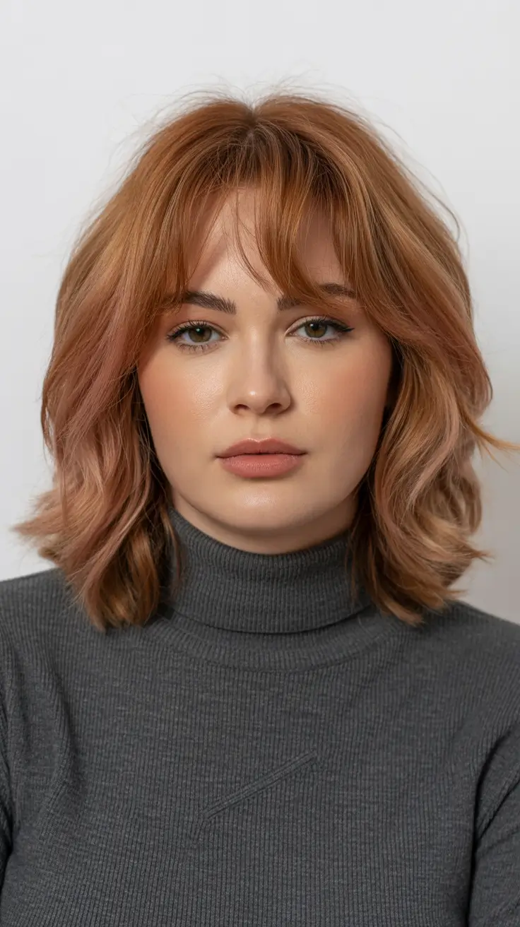 coupe cheveux visage rond avec frange Ondulations douces cuivre avec frange rideau