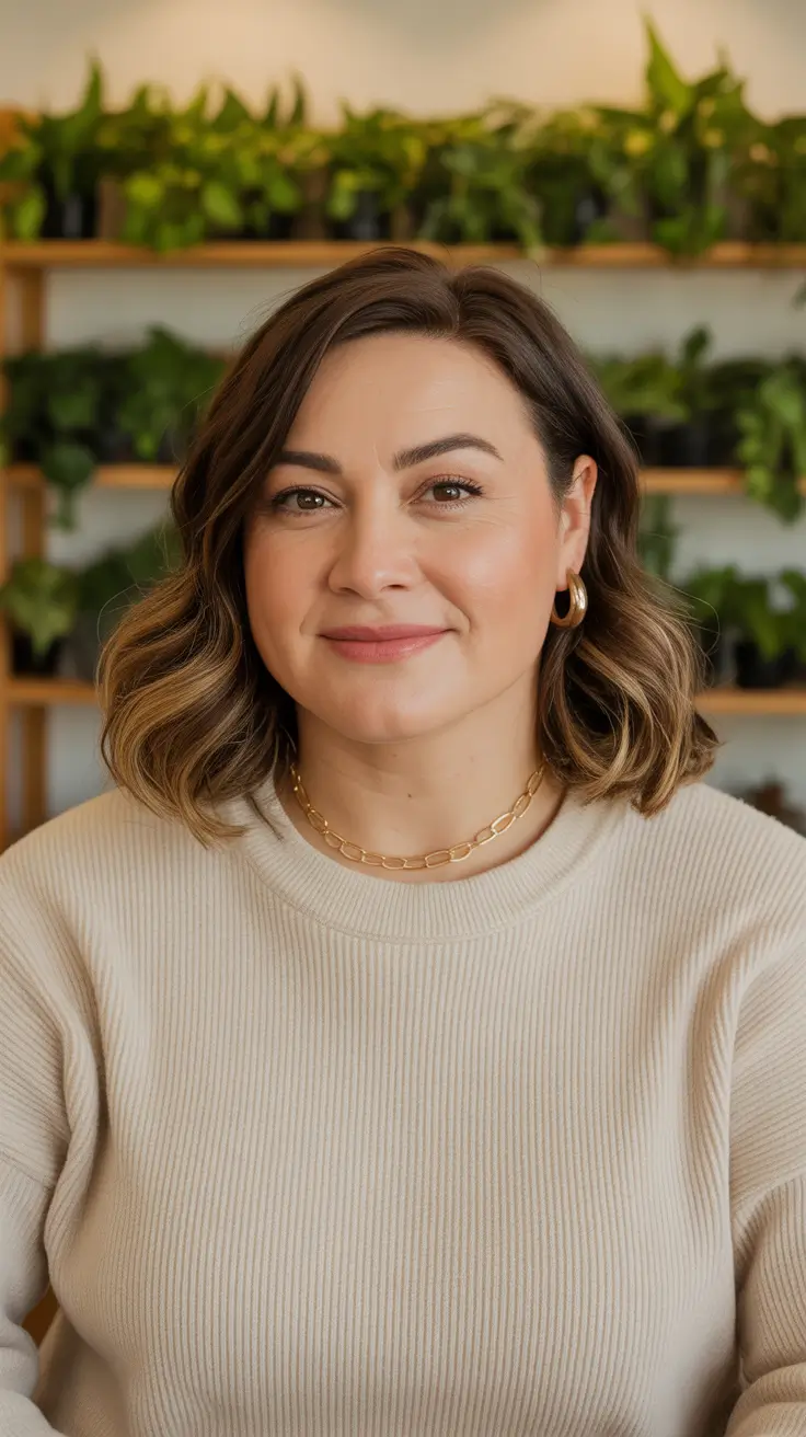 coupe cheveux longs visage rond Lob balayage doux