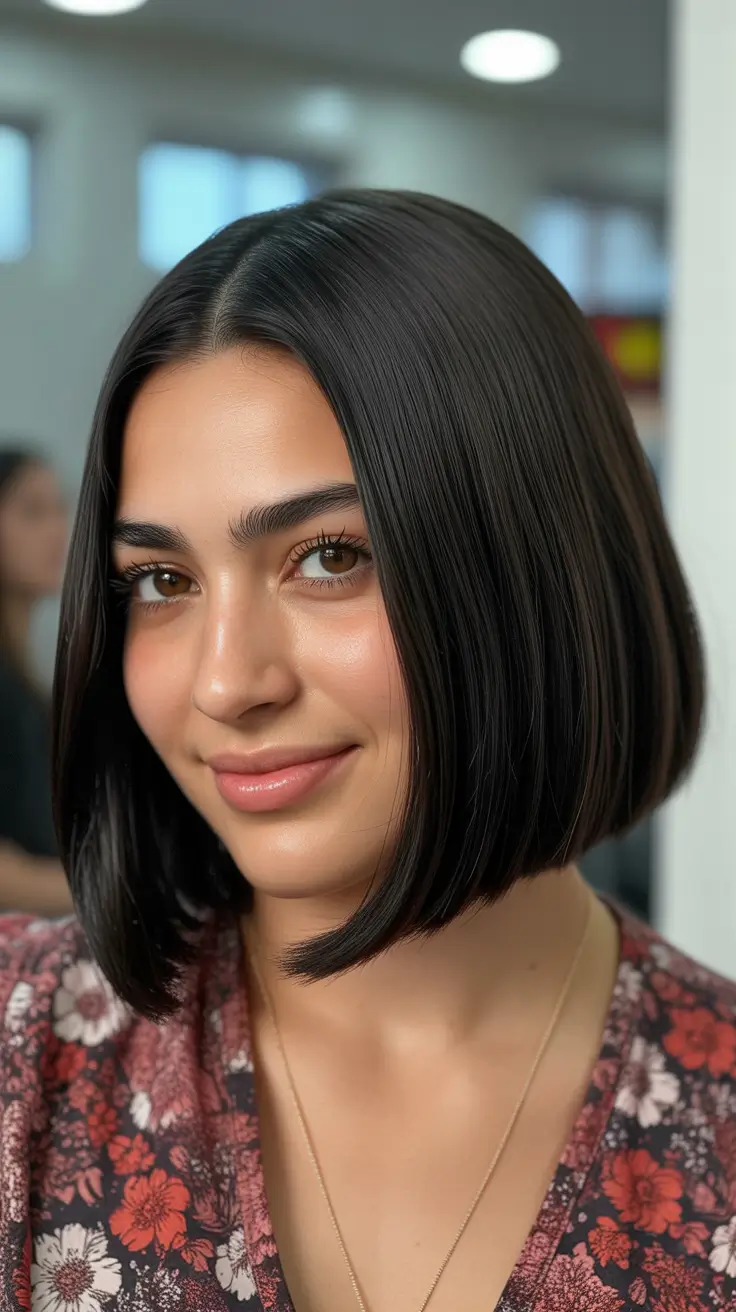 coupe cheveux raides visage rond Bob longueur menton soigné