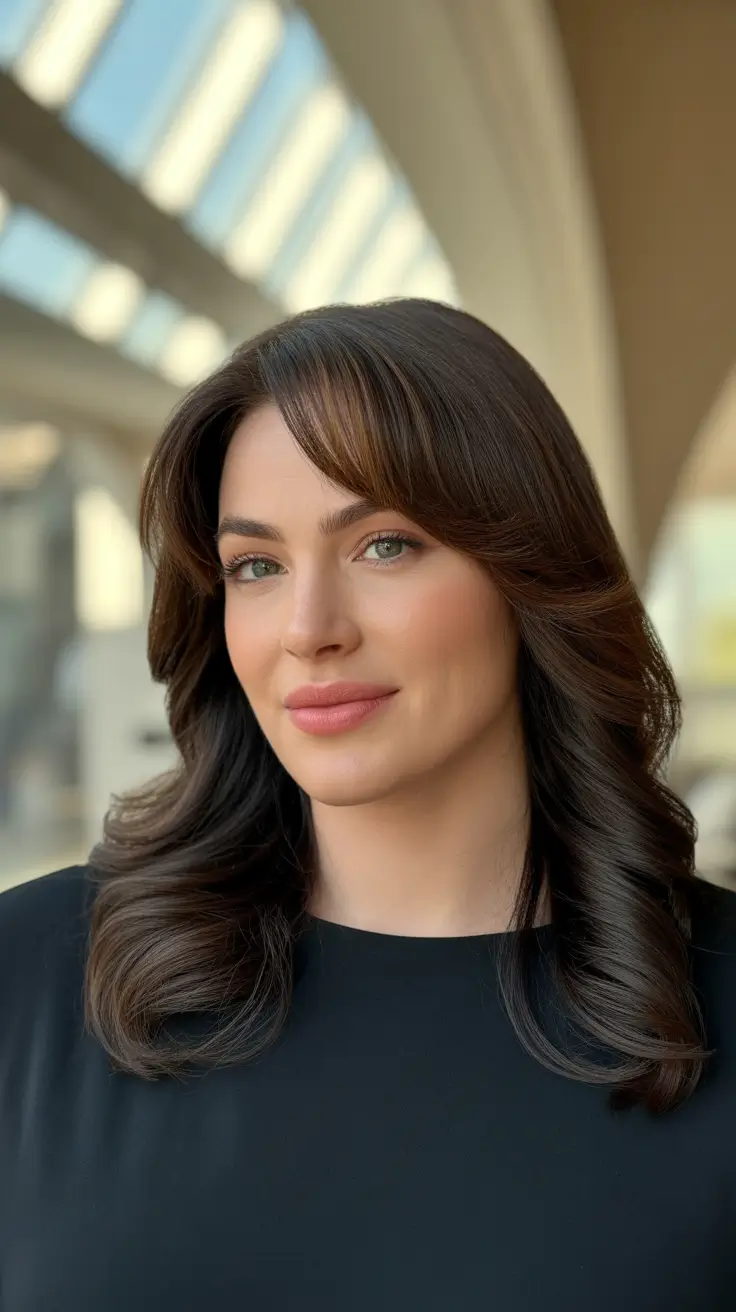 coupe cheveux longs visage rond Couches classiques avec frange rideau