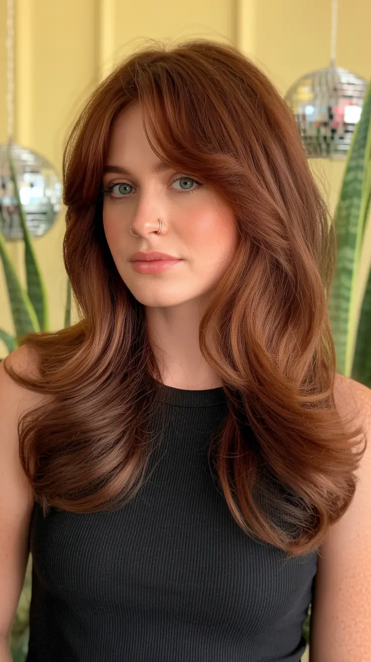 coupe cheveux longs visage rond Couches auburn volumineuses