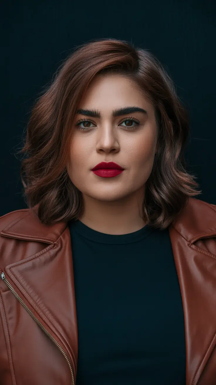 coupe cheveux courts visage rond Lob châtain brillant