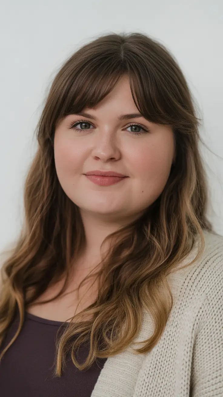 coupe cheveux longs visage rond Ondulations longues naturelles avec frange douce