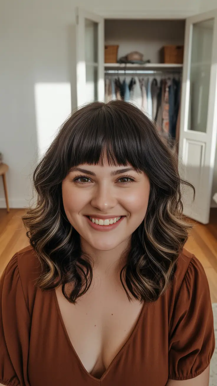 coupe cheveux courts visage rond Bob bouclé avec frange droite