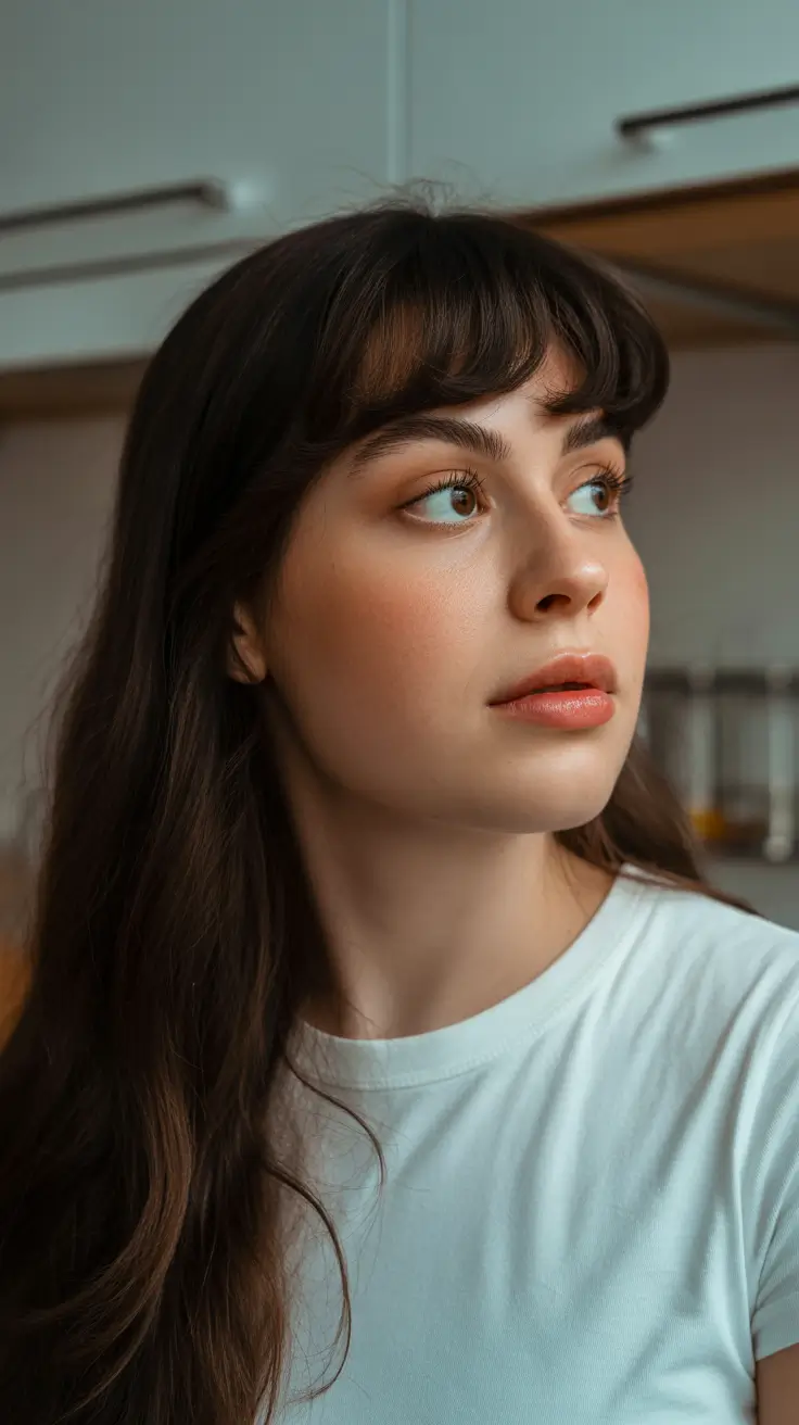 coupe cheveux longs visage rond classiques avec frange douce